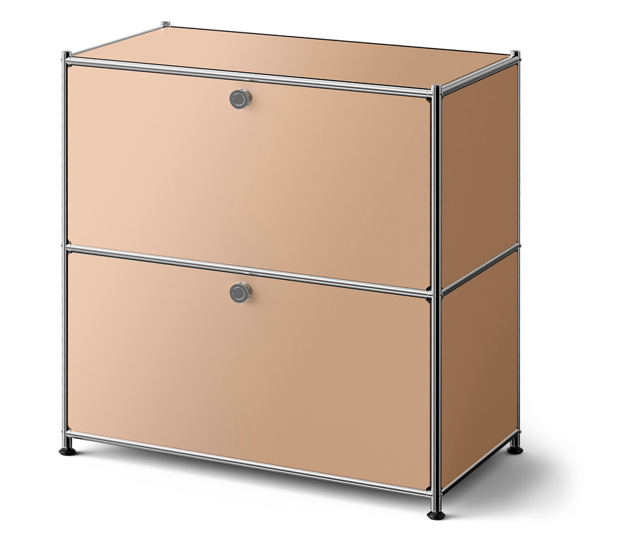 Bézs szekrény két fiókkal és ezüst kerettel.