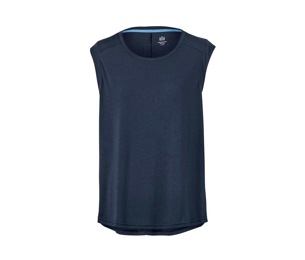 Egy sötétkék, ujjatlan funkcionális top.