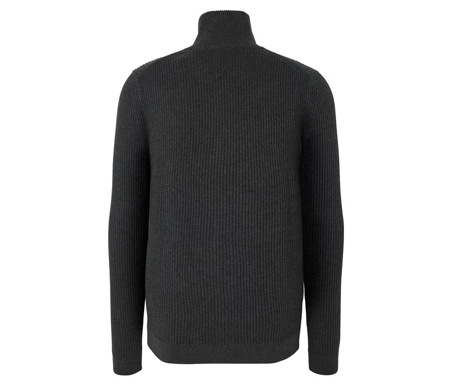 Hátulnézet egy kötött kardigánról, melírozott antracit színben.