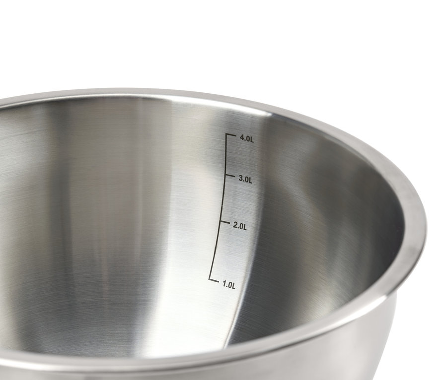 Egy rozsdamentes acél keverőtál részlete, mérőskálával.