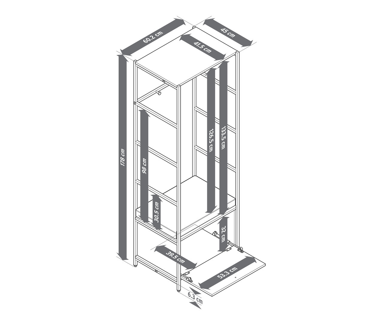 Felülnézet egy »GRADE« gardróbról paddal és huzattal, méretekkel megadva.