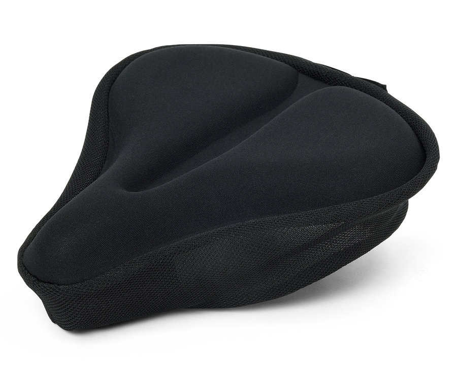 Egy fekete kerékpárülés huzat fekszik egy fehér háttéren.