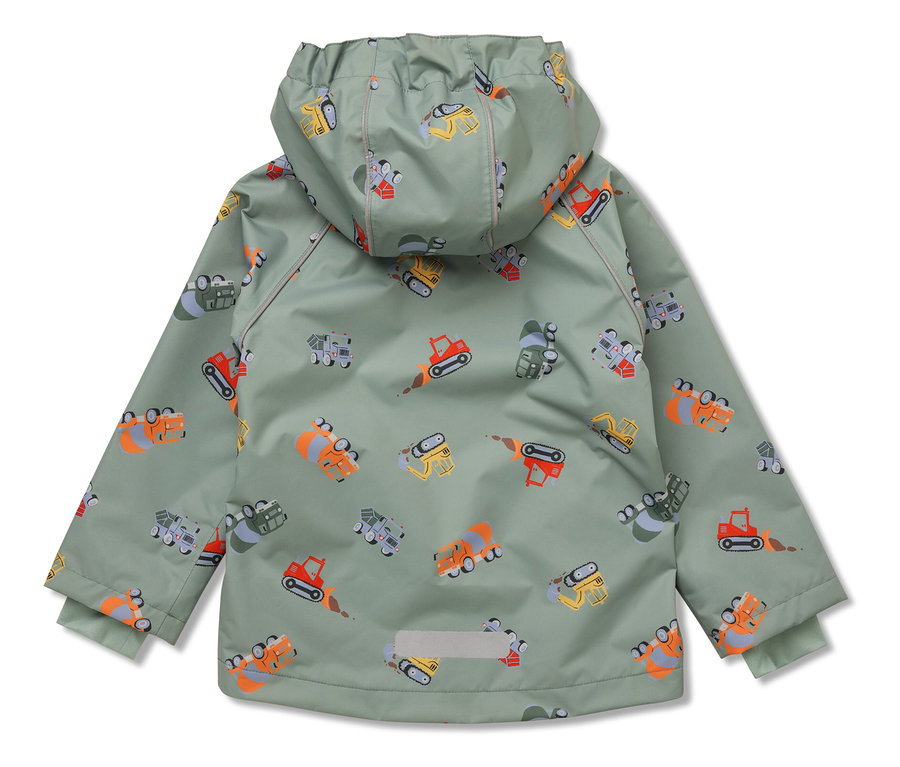 Zöld színű gyermek esőkabát, rajta markoló és építkezési jármű mintákkal.