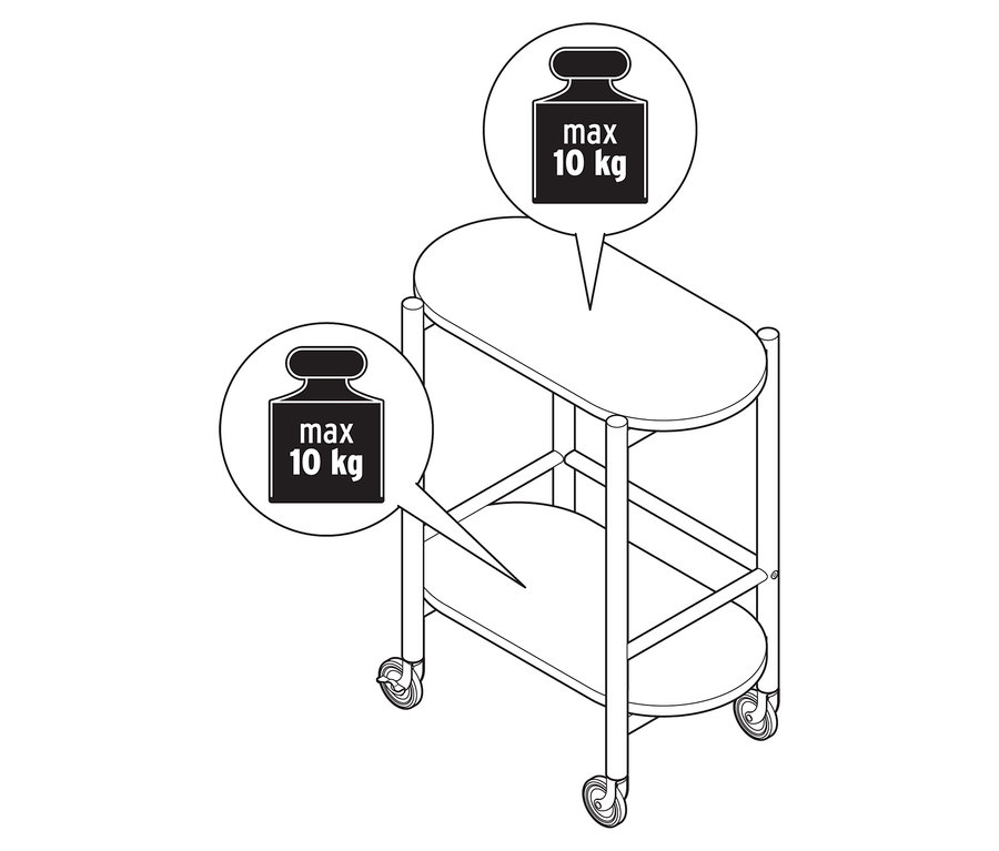 Illusztráció egy 2 szintes tömörfa zsúrkocsiról, a maximális súlyra vonatkozó információkkal.