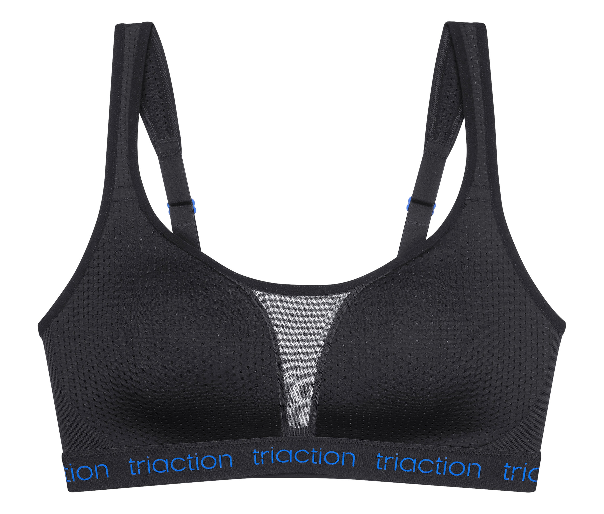 Fekete sportmelltartó hálós betéttel és kék 'Traction' felirattal az alsó pánton.