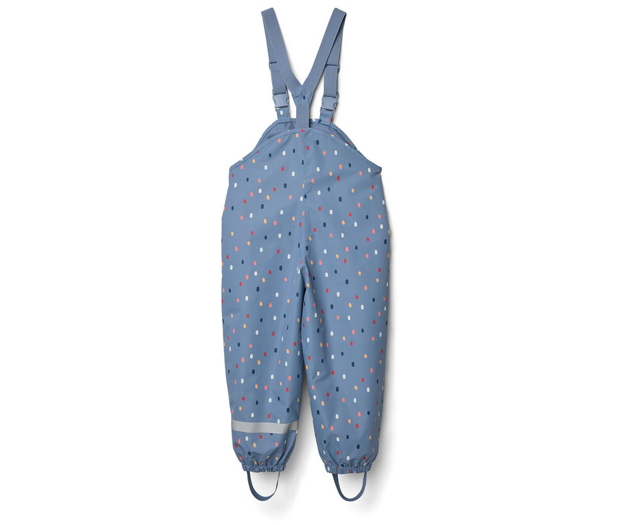 Kék sárnadrág színes pöttyökkel és fényvisszaverő csíkokkal.