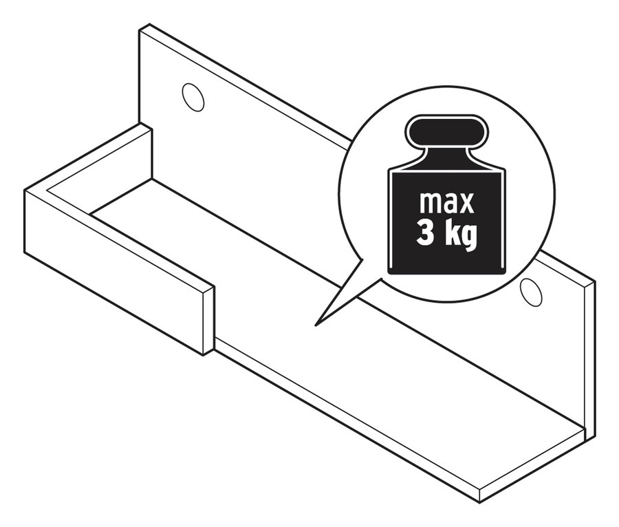 Felülnézet egy tömör fából készült 3 darabos polckészletről, amelyen egy súlyt jelző buborék látható a "max 3 kg" felirattal.