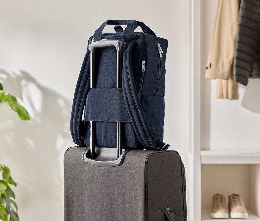 Sötétkék hátizsák egy szürke gurulós bőröndön, mellette egy szobanövény és egy szekrény.
