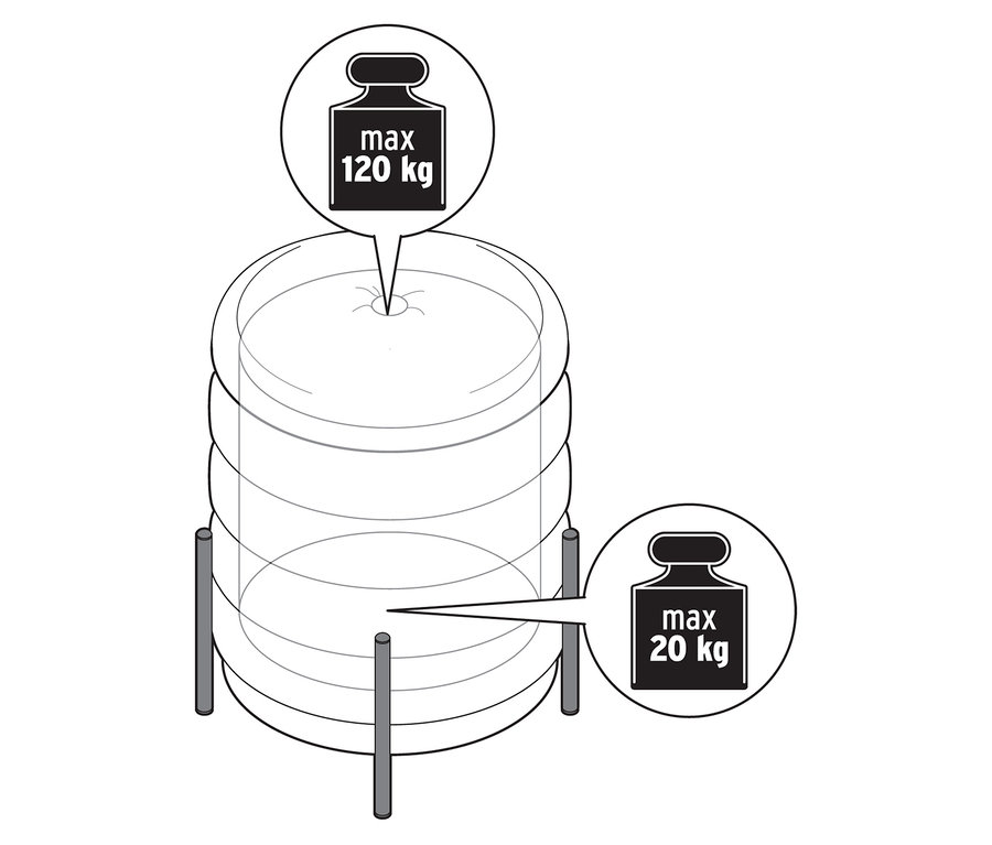 Egy tárolóhellyel ellátott ülőke rajza, amelynek a teteje maximum 120 kg-ot, a belseje pedig 20 kg-ot bír el.