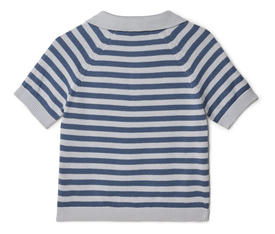 Hátulnézet egy kék és szürke csíkos, rövid ujjú pólóról.