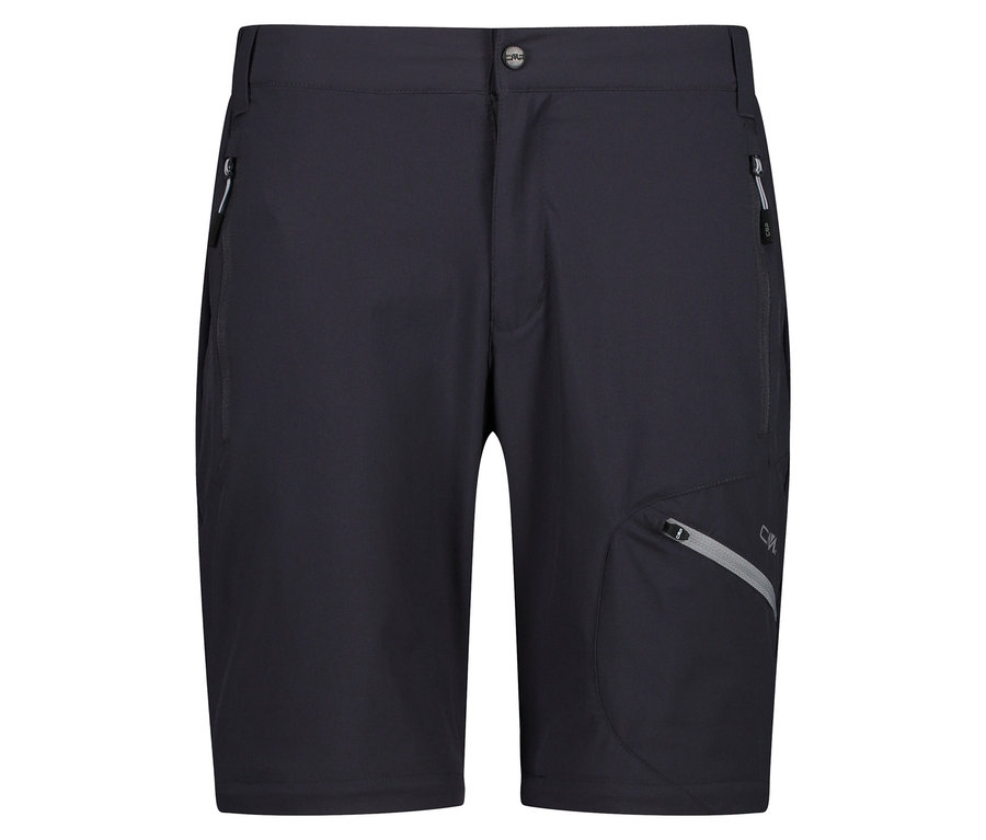 Egy fekete rövidnadrág közeli képe zsebekkel és cipzárakkal.