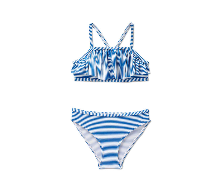Egy kék-fehér csíkos bikini fodrokkal.