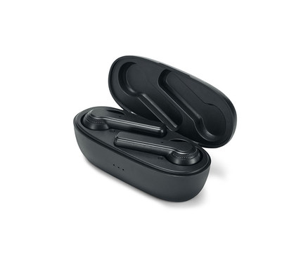 Fekete vezeték nélküli Bluetooth fülhallgató nyitott tokban.