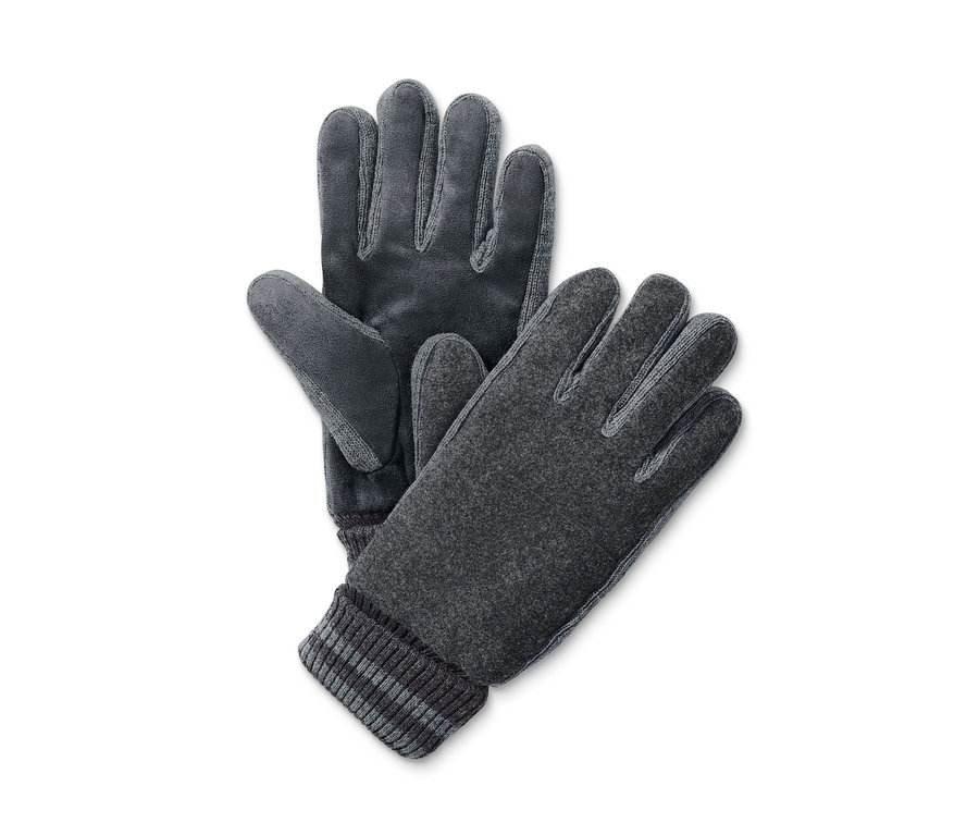 Két szürke férfi kesztyű fekszik egy fehér háttéren.