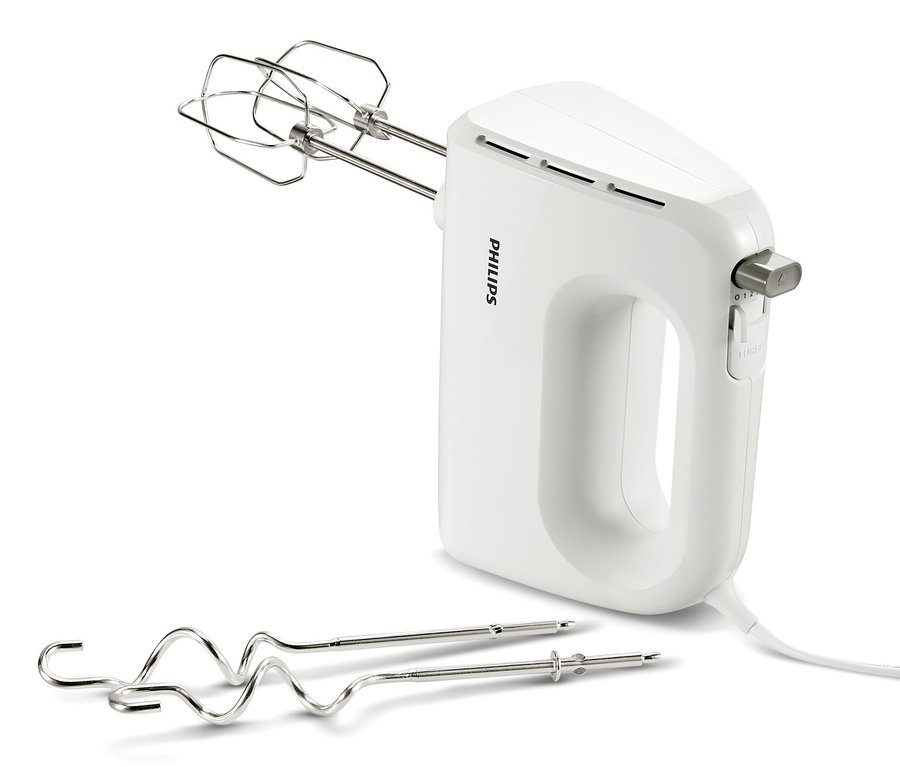 Fehér Philips kézi mixer HR 3706 két tartozékkal.