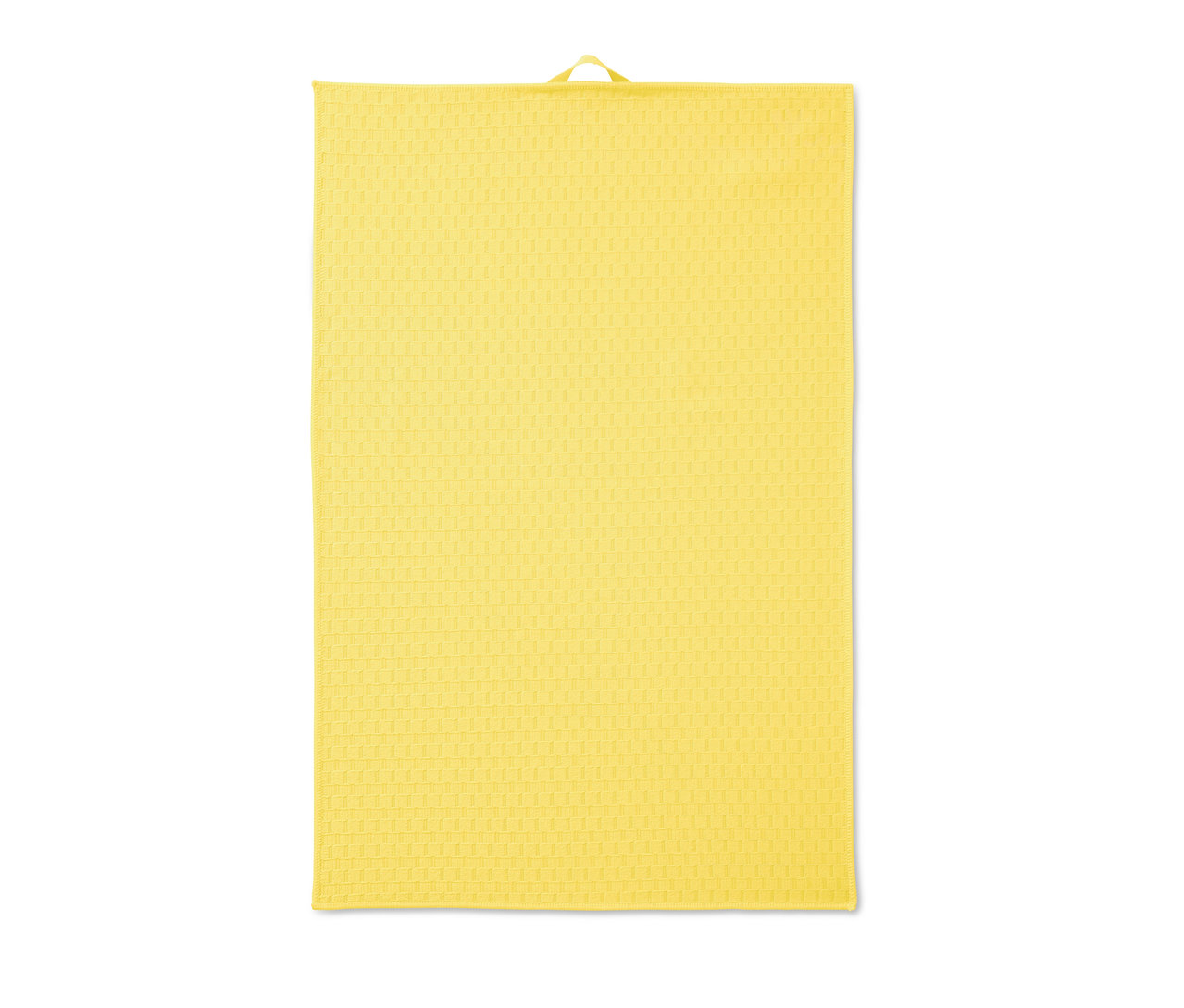 Egy sárga színű konyharuha akasztóval.