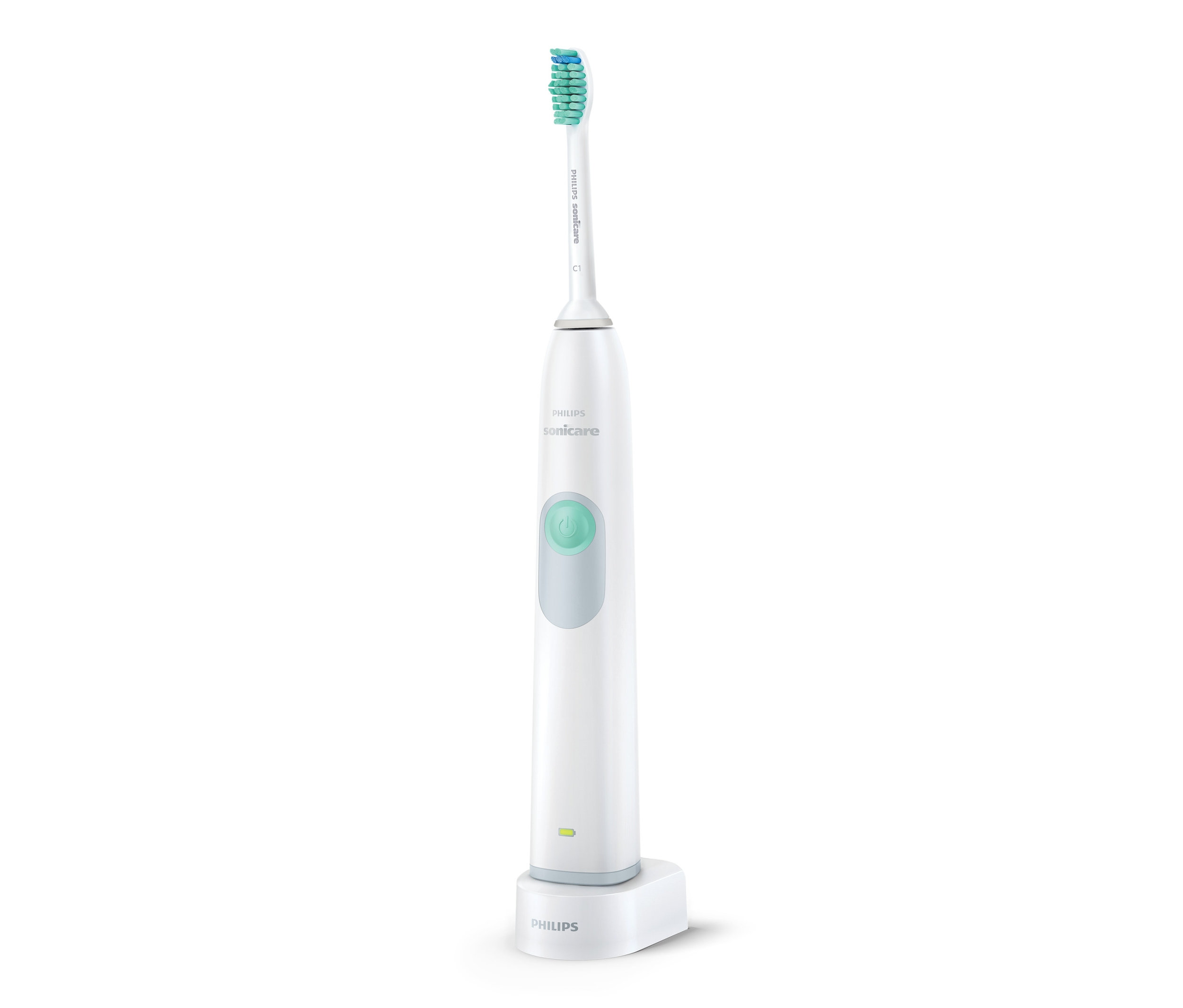 Fehér Philips HX6221/21 »DailyClean 3100« elektromos fogkefe a töltőállomásán.