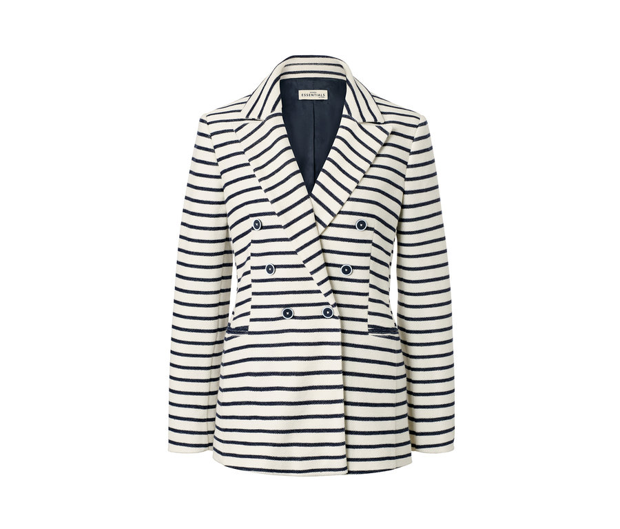 Csíkos, kétsoros gombolású női blézer.