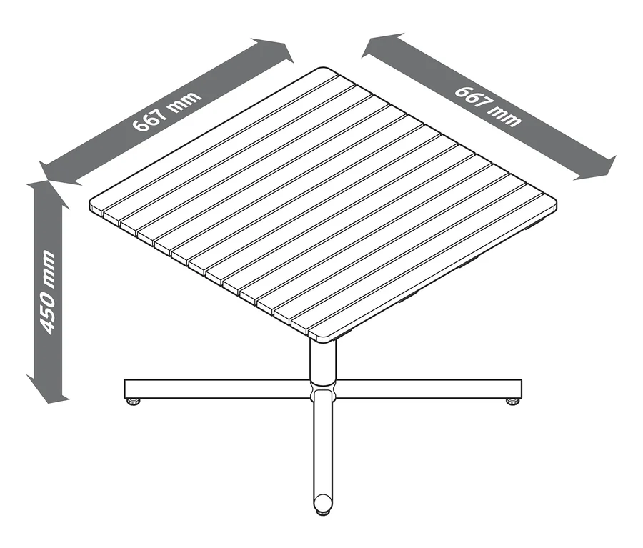 Kerti sarok ülőgarnitúra vázlatrajza, méretei 667 mm x 667 mm, magassága 450 mm.