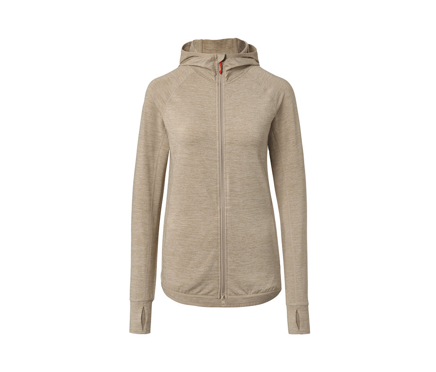 Bézs színű, cipzáros, kapucnis női funkcionális felső.