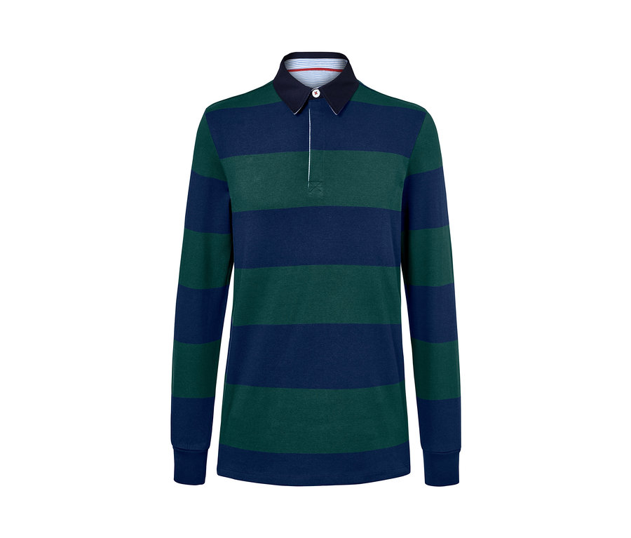 Kék és zöld vízszintes csíkos férfi hosszú ujjú pólóing.