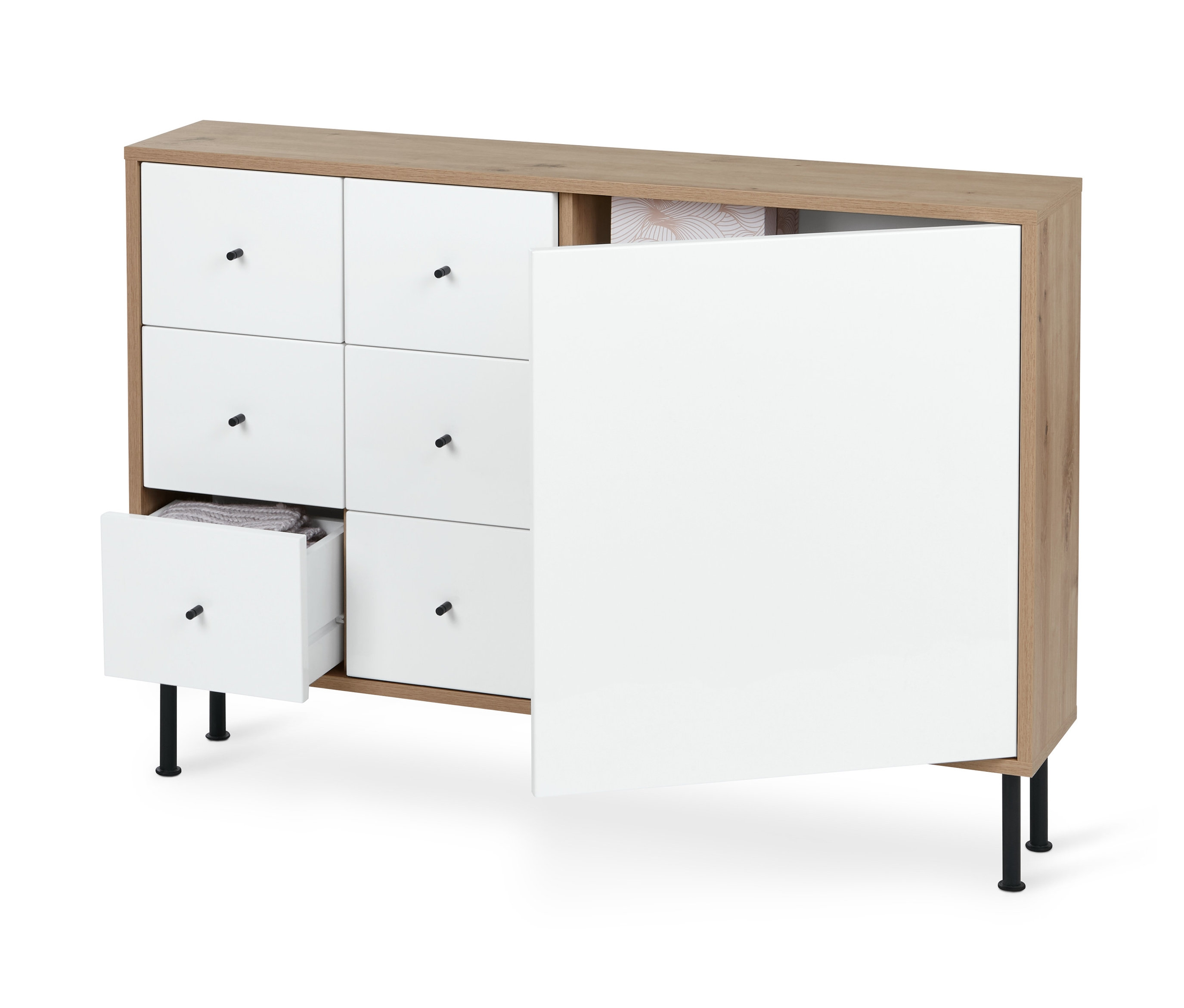 Keskeny komód nyitott fiókkal és ajtóval.