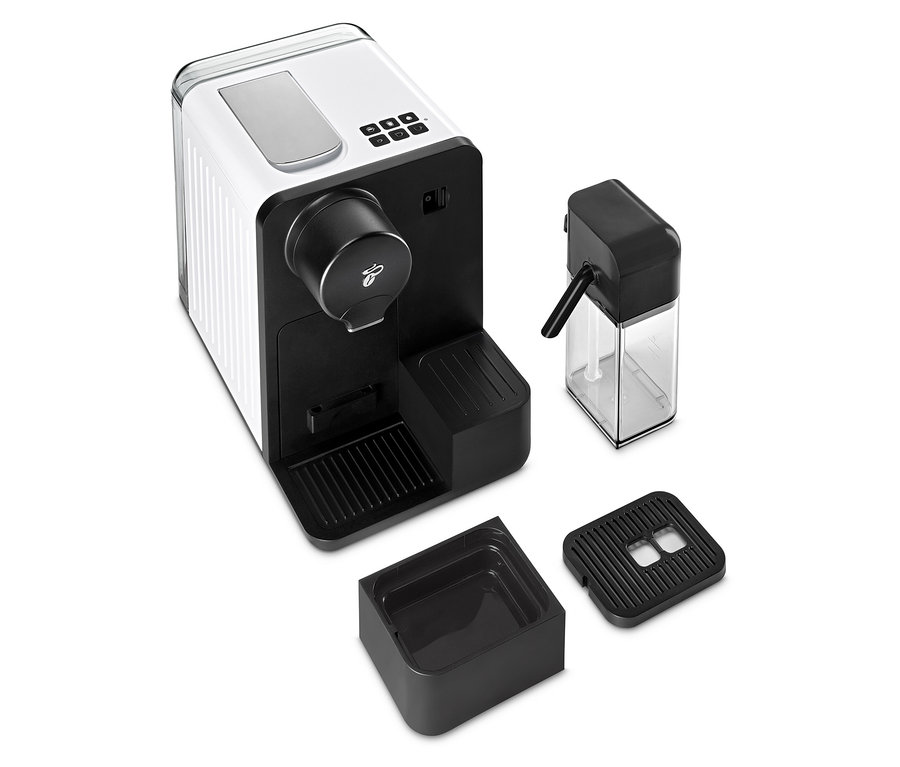 Egy fehér Cafissimo Milk kávéfőző és tartozékai.