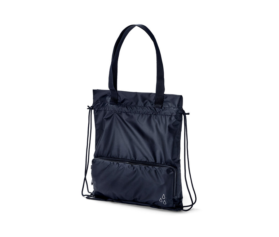 Sötétkék 2 az 1-ben bevásárlótáska és hátizsák fogantyúkkal és húzózsinórral.