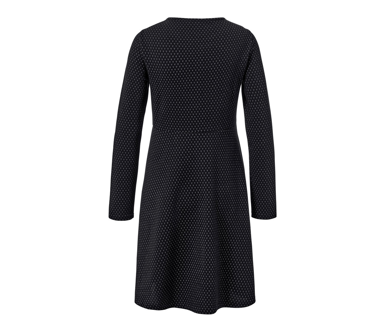 Egy női jacquard ruha részlete, csillogó, fekete.