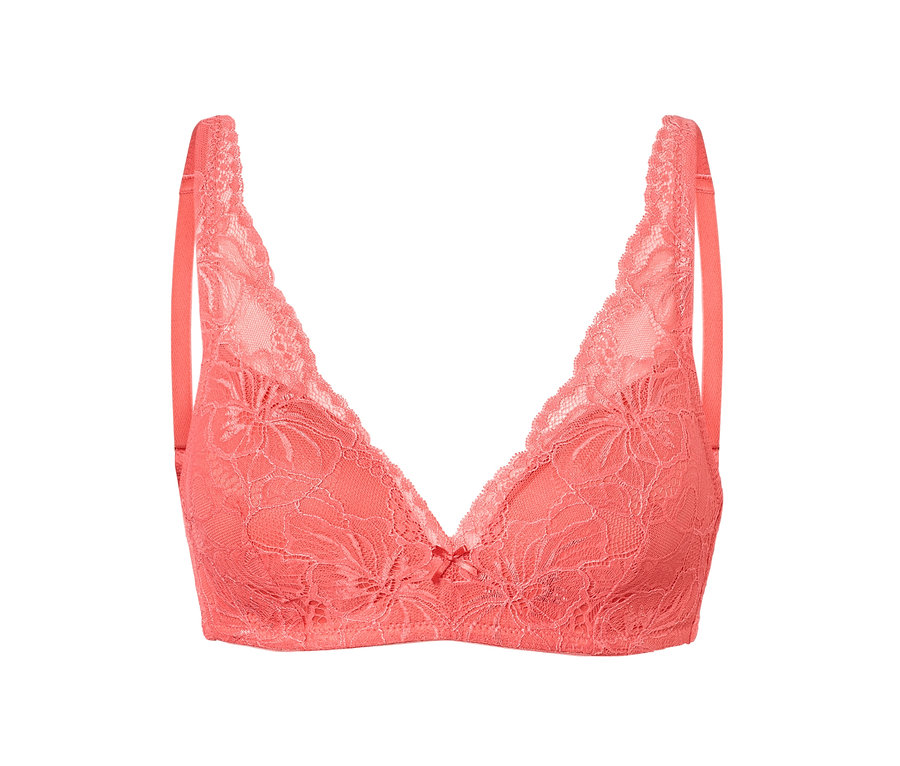 Papaya színű, virágmintás csipkével díszített, puha kosaras női melltartó.