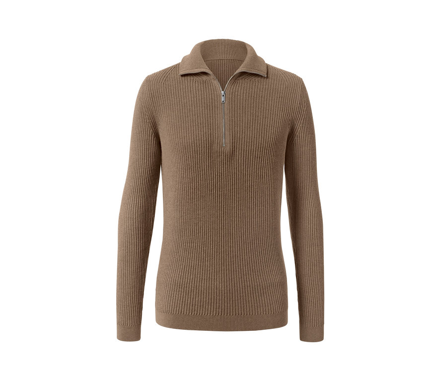 Barna, hosszú ujjú, cipzáras, állógalléros férfi kötött pulóver.