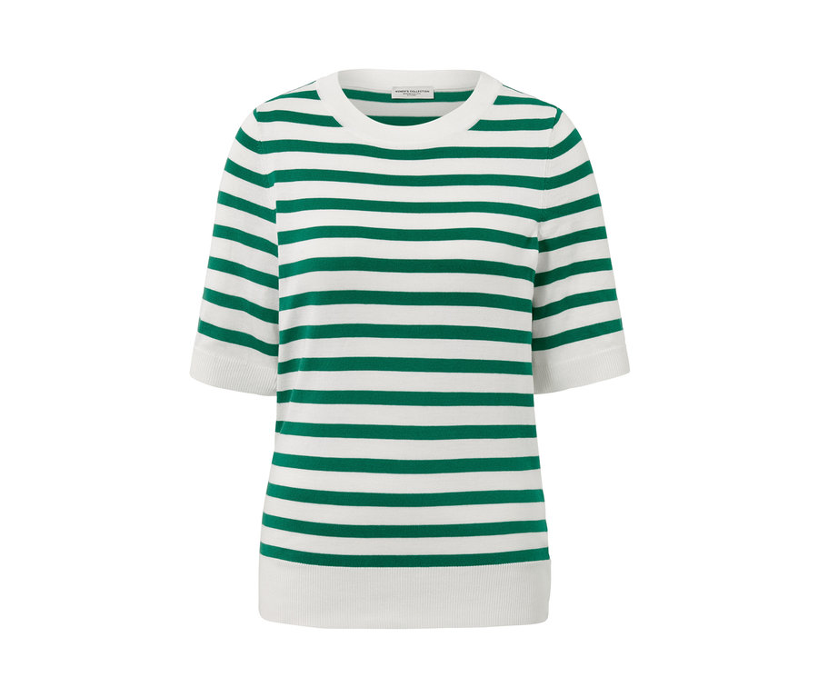 Finom kötésű, csíkos pulóver rövid ujjakkal.