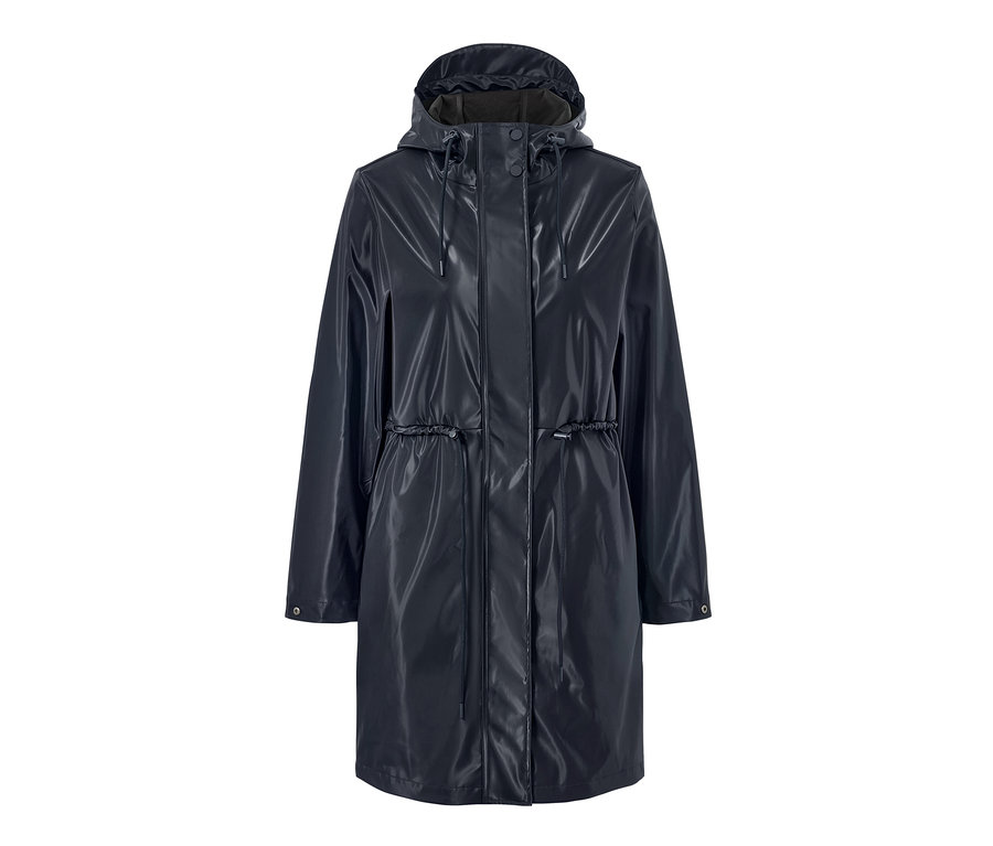 Női esőkabát, csillogó hatású, sötétkék.