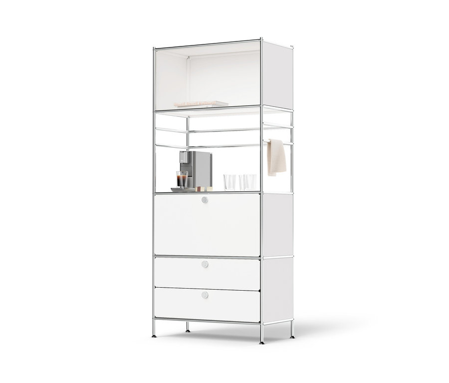 Magas »CN3« fémpolc, ajtóval, két fiókkal és kávéfőzővel.