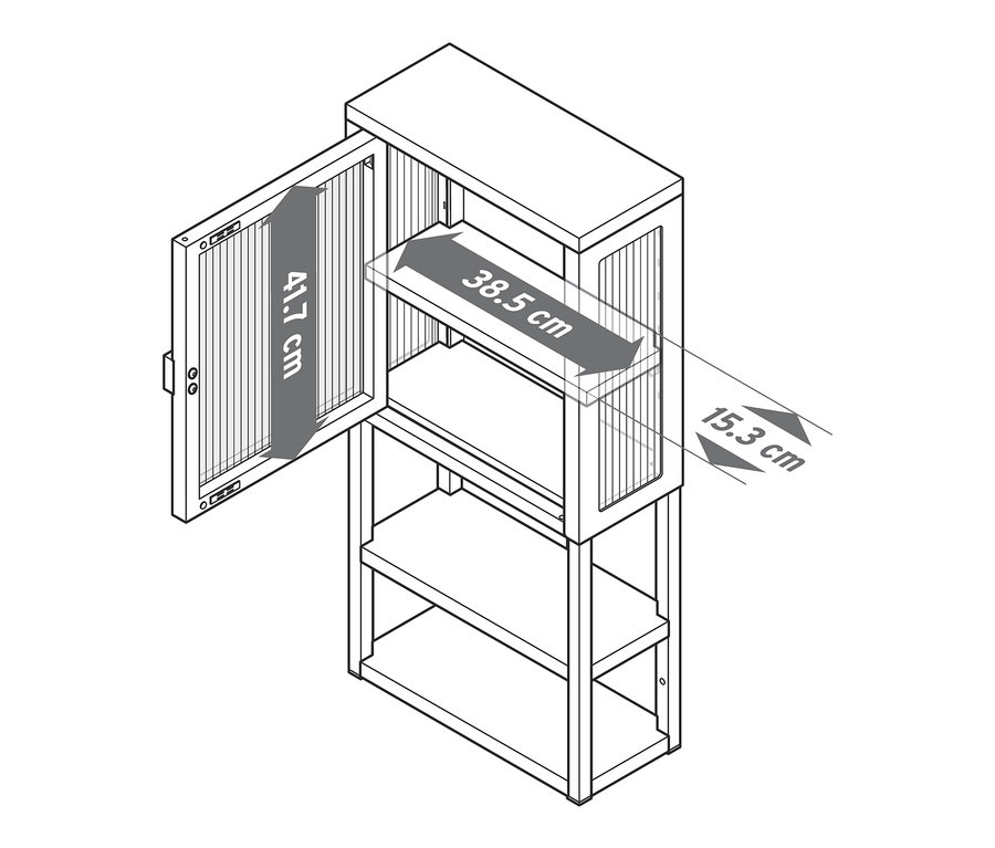 Fém falipolc, üvegajtóval, fekete, nyitott ajtóval és méretekkel.