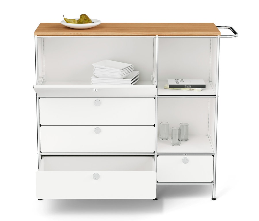 Fehér »CN3« fém komód fa felső lappal, 1 lenyíló ajtóval, 4 fiókkal és polcokkal.