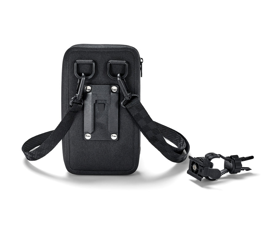 Egy fekete 2 az 1-ben okostelefon-táska pánttal és biciklitartóval.