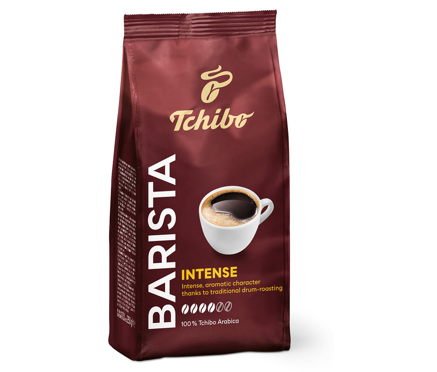 Egy csomag Tchibo Barista Intense 250g őrölt kávé. A csomagoláson egy csésze kávé látható.