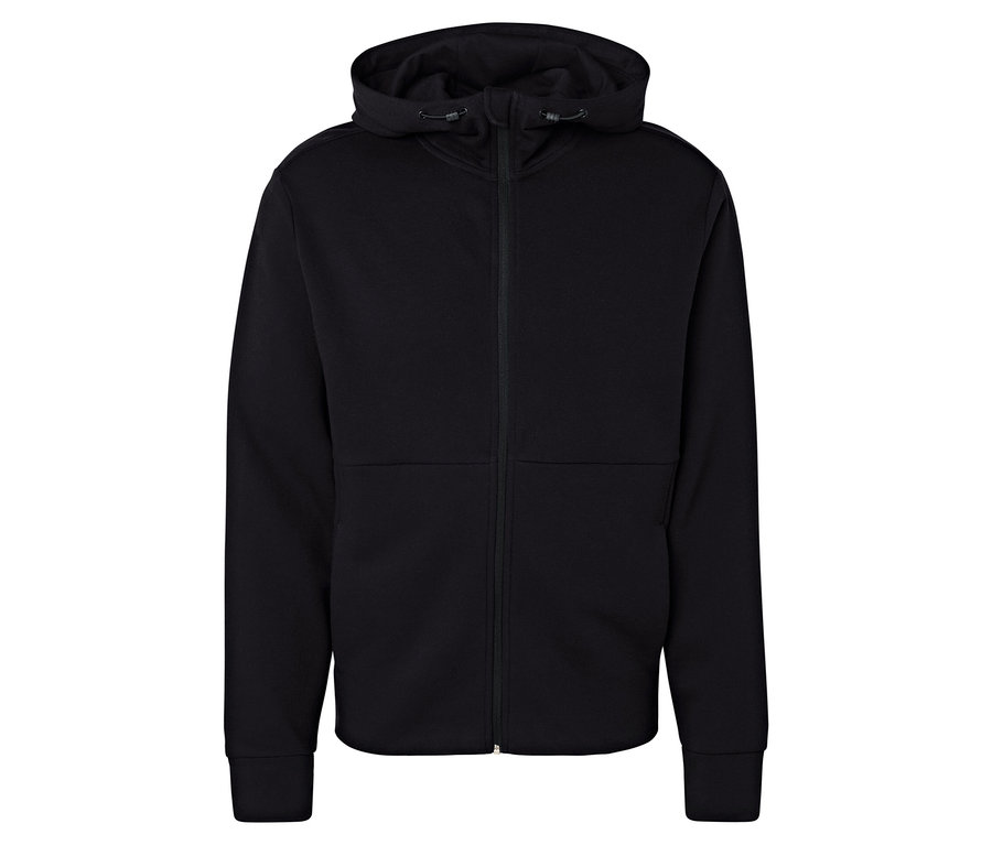 Fekete, cipzáras kapucnis pulóver.