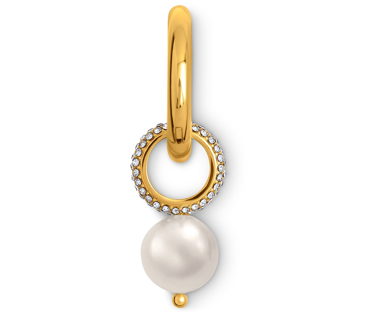 Egy arany fülbevaló részlete gyöngyökkel és strasszokkal.