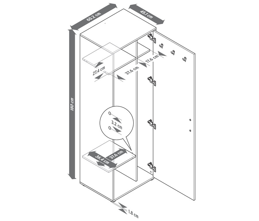 Egy univerzális szekrény vázlata nyitott ajtóval és méretekkel.