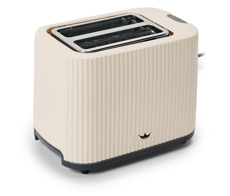 Egy bézs színű kenyérpirító két nyílással, fehér háttérrel.