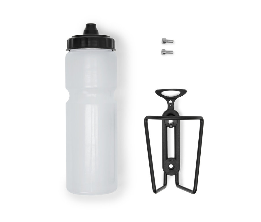 Palacktartó kerékpárra, palackkal és két csavar.