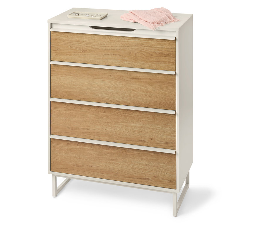 A szobában egy »LEEG« komód áll 4 fiókkal és tükörrel.