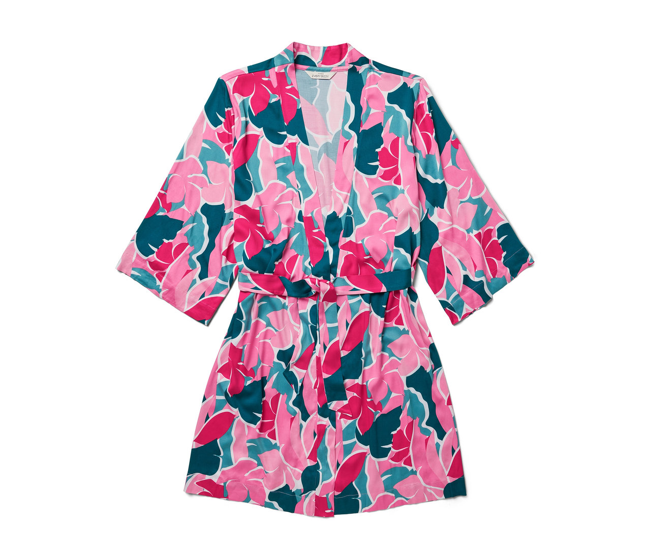 Rózsaszín-zöld virágmintás köntös.