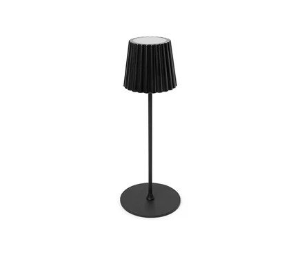 Egy fekete LED-es akkumulátoros kültéri asztali lámpa.