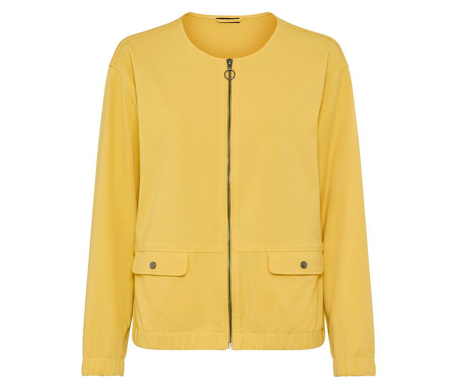 Sárga dzseki cipzárral és két zsebbel.