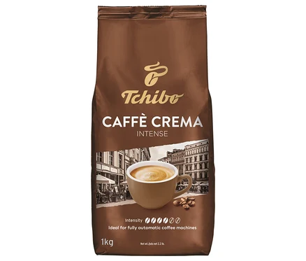 Barna Tchibo Caffè Crema Intense kávébab csomag kávéscsésze illusztrációval.