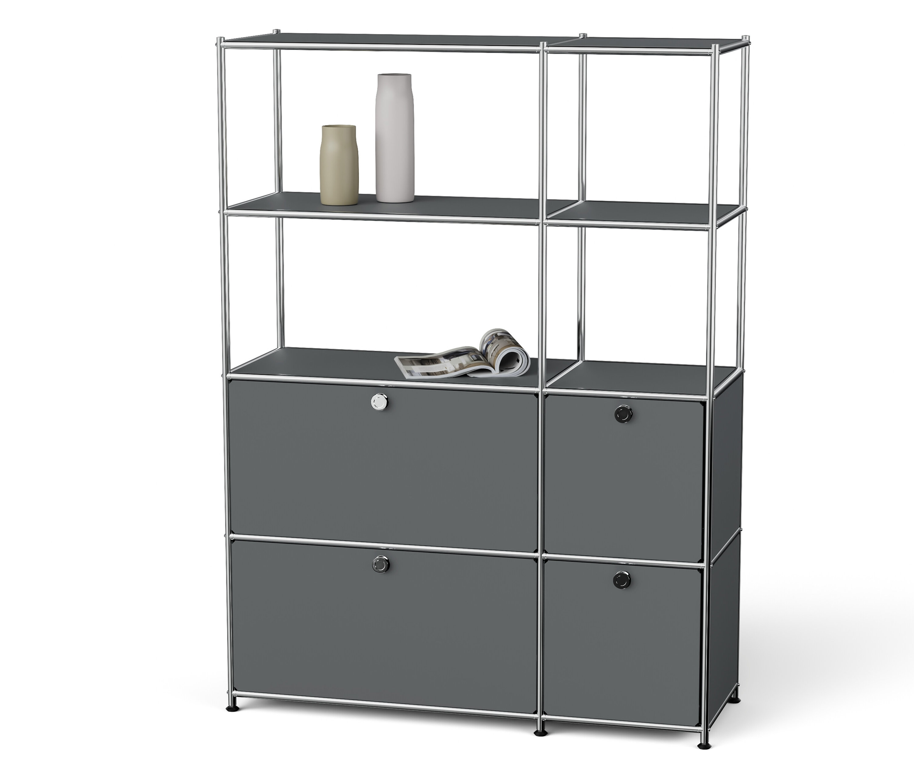 Szürke moduláris polc vázákkal és folyóirattal.