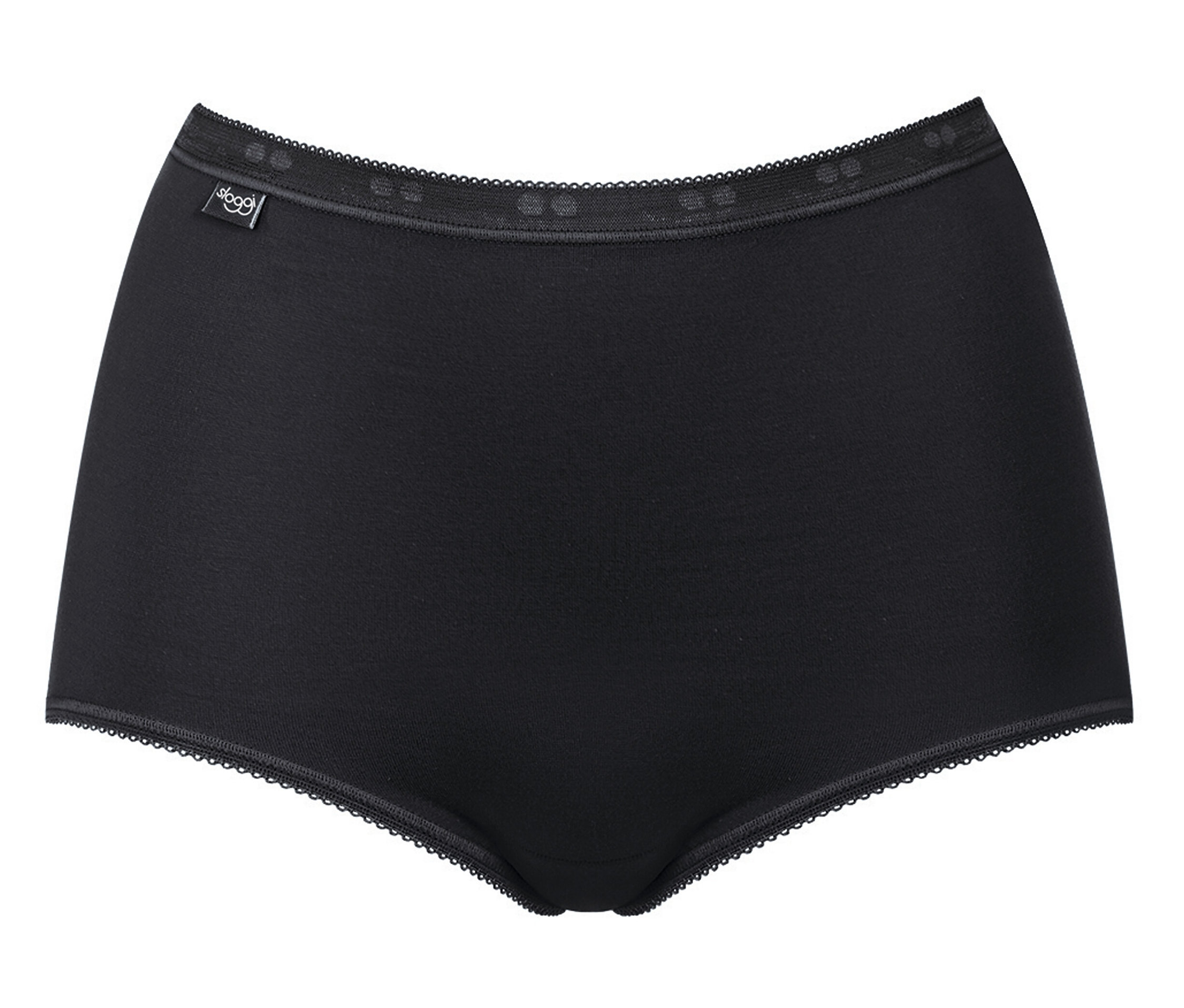 Fekete női alsó csipkés szegéllyel, fehér háttérrel.